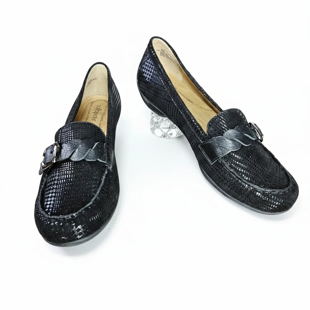Softspots Size 10 Flats Loafers Black Metallic Houndstooth Leather Cushioned